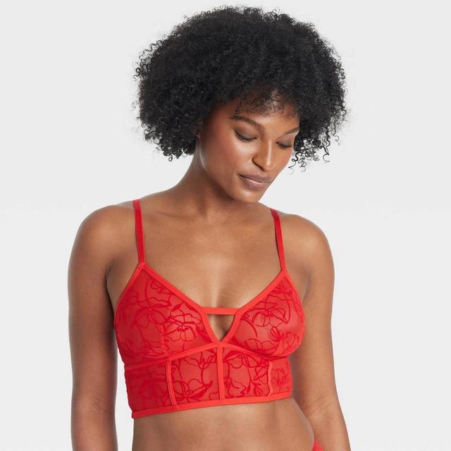 Womens Mesh Longline Bralette with Flocking - Auden Red XS Product Image