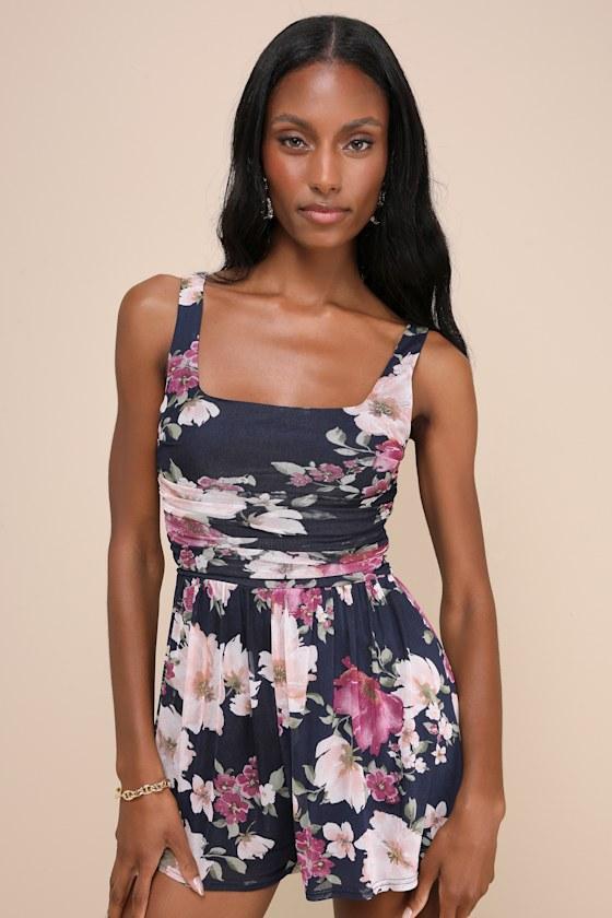 Truly Flirty Navy Blue Floral Mesh Ruched Romper Product Image