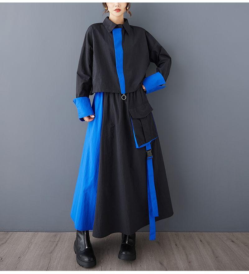 Set: Long-Sleeve Two Tone Crop Shirt + High Waist Maxi A-Line Skirt Product Image