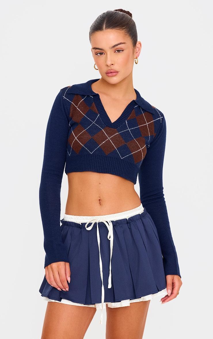 Navy Argyle Jacquard Knitted Collar Detail Cropped Sweater Product Image