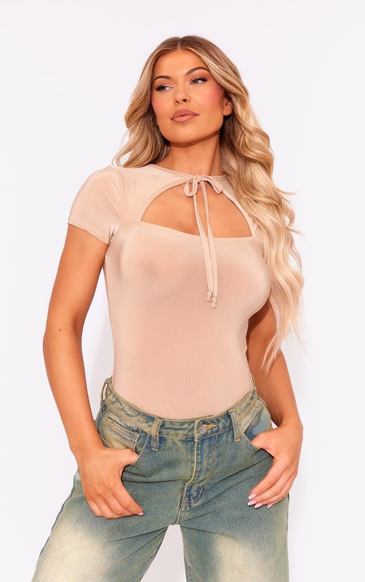 Stone Slinky Tie Front Cut Out Bodysuit Product Image