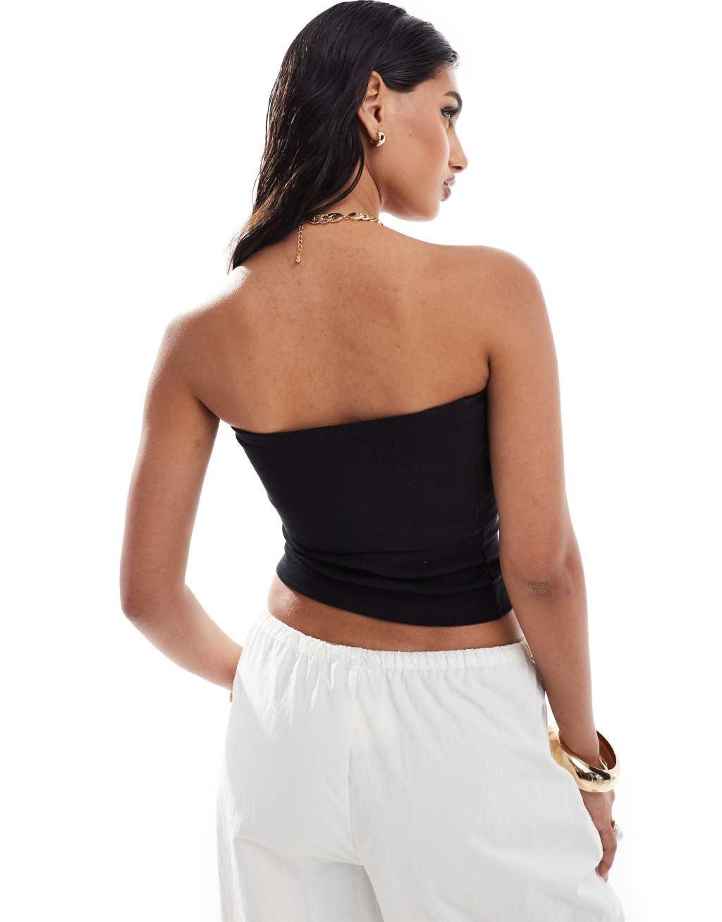 ASOS DESIGN ribbed fold over bandeau top in black Product Image