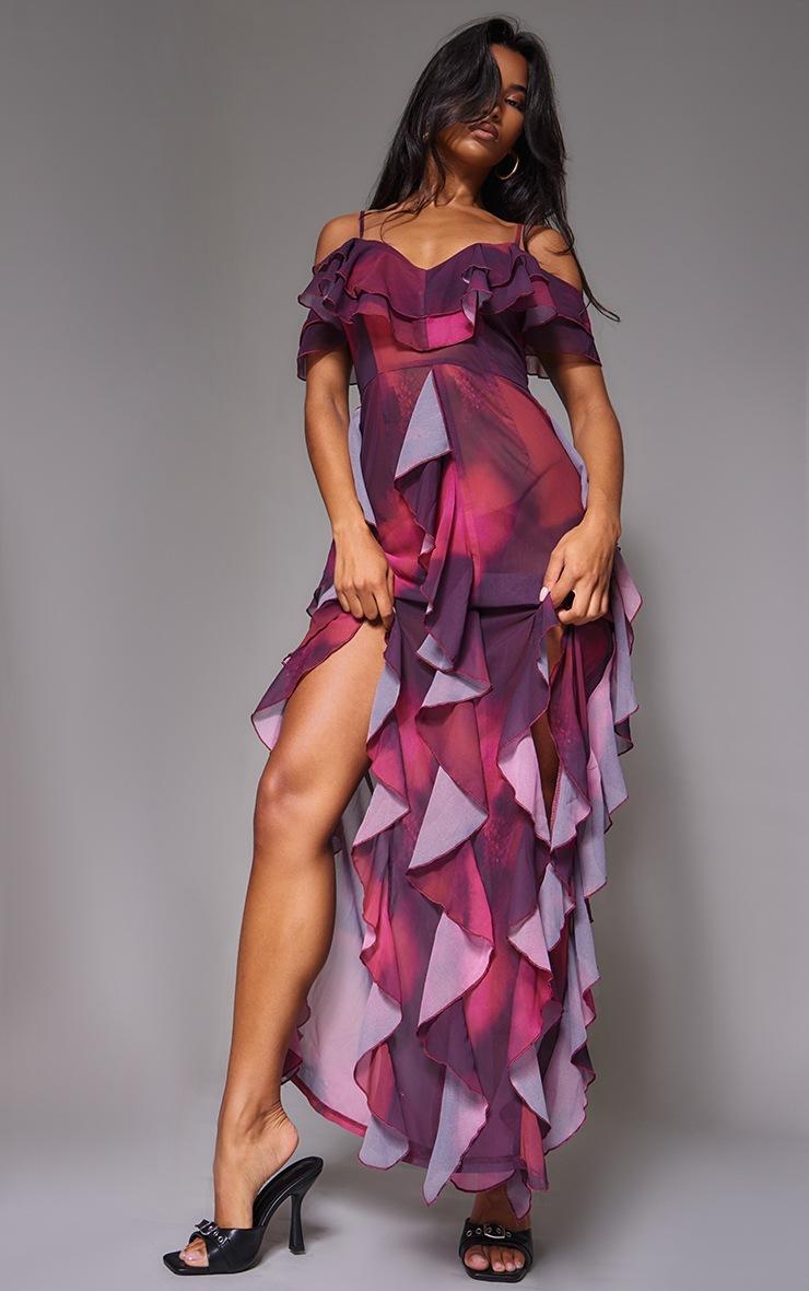 Purple Abstract Cold Shoulder Ruffle Detail Maxi Dress Product Image