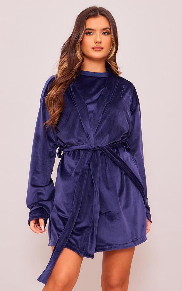 Dark Blue Velour Tie Waist Robe Product Image