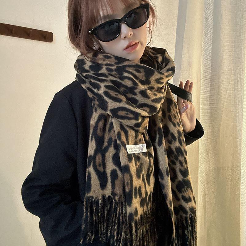 Leopard Print Fringed Scarf Product Image