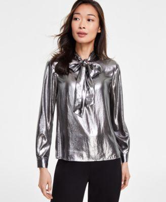 Anne Klein Womens Metallic Scarf-Neck Buttoned-Cuff Top Product Image