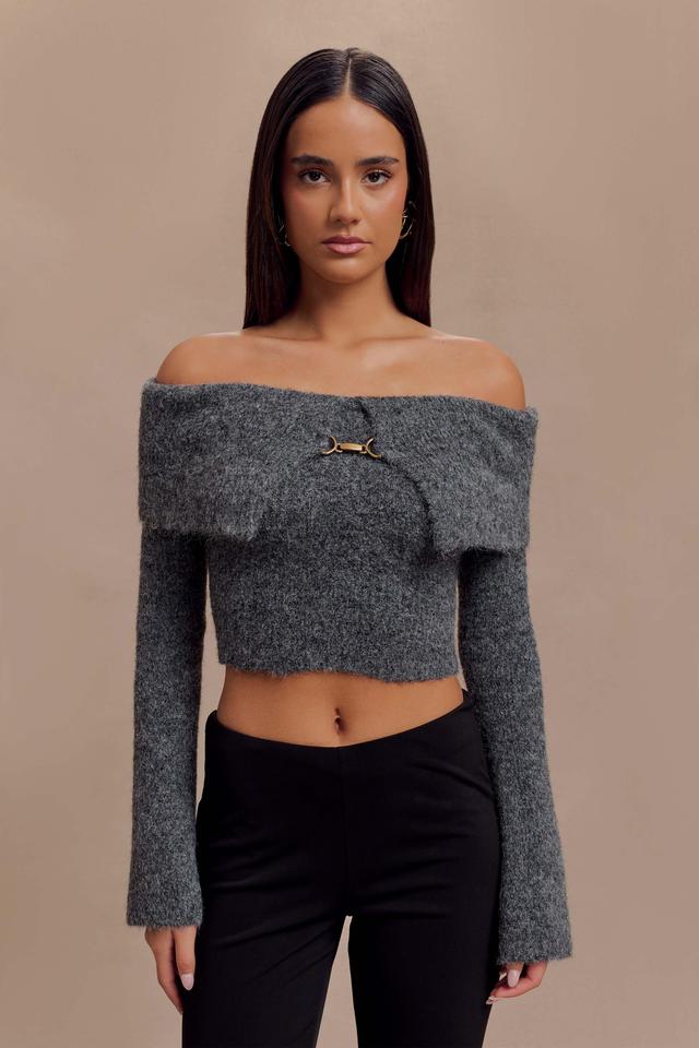 Baxter Off Shoulder Fluffy Knit Top - Charcoal Product Image