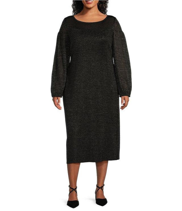 Ming Wang Plus Size Shimmer Knit Boat Neck Long Balloon Sleeve Midi Sheath Dress Product Image