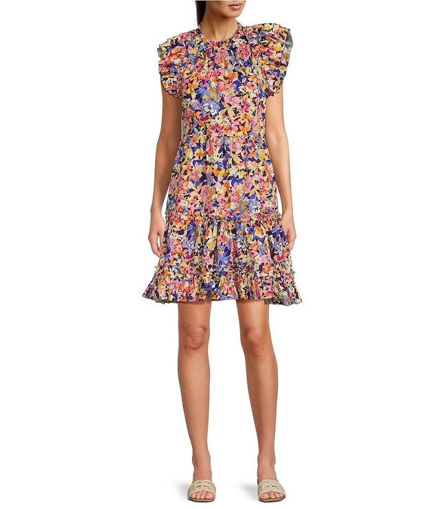 tyler boe Ursula Bouquet Print Round Ruffle Neck Cap Sleeve Tiered Skirt A-Line Dress Product Image