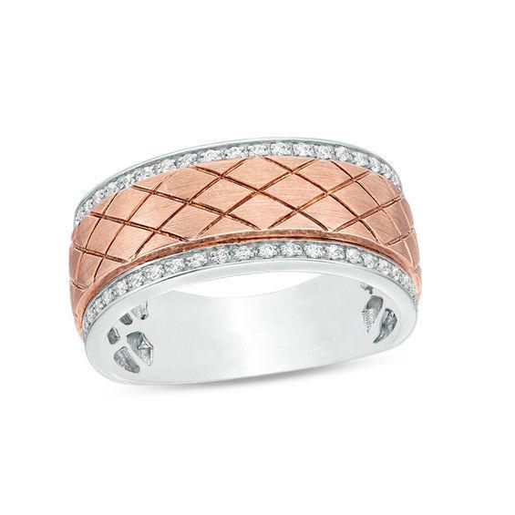 Men's 1/4 CT. T.w. Diamond Diagonal Grid Pattern Wedding Band in 10K Two-Tone Gold Product Image