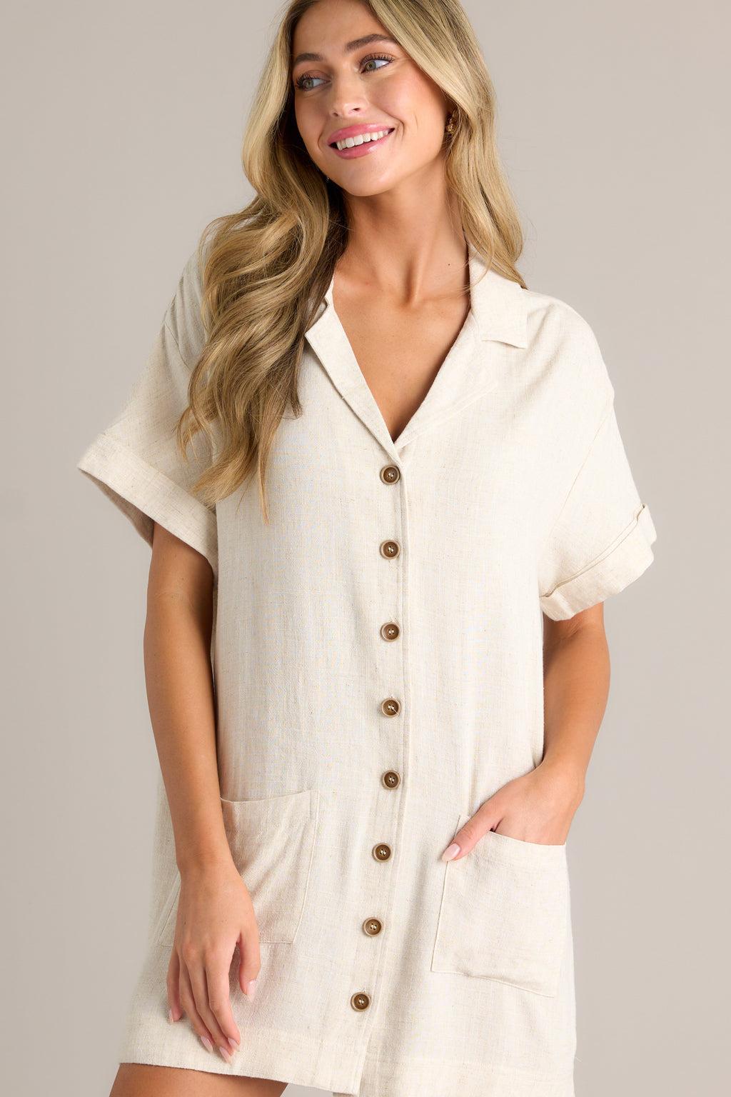 Effortless Selection Beige Button Front Shirt Mini Dress Product Image