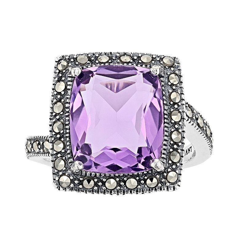 Lavish by TJM Sterling Silver Lab-Created Amethyst & Marcasite Cushion Ring, Womens Product Image