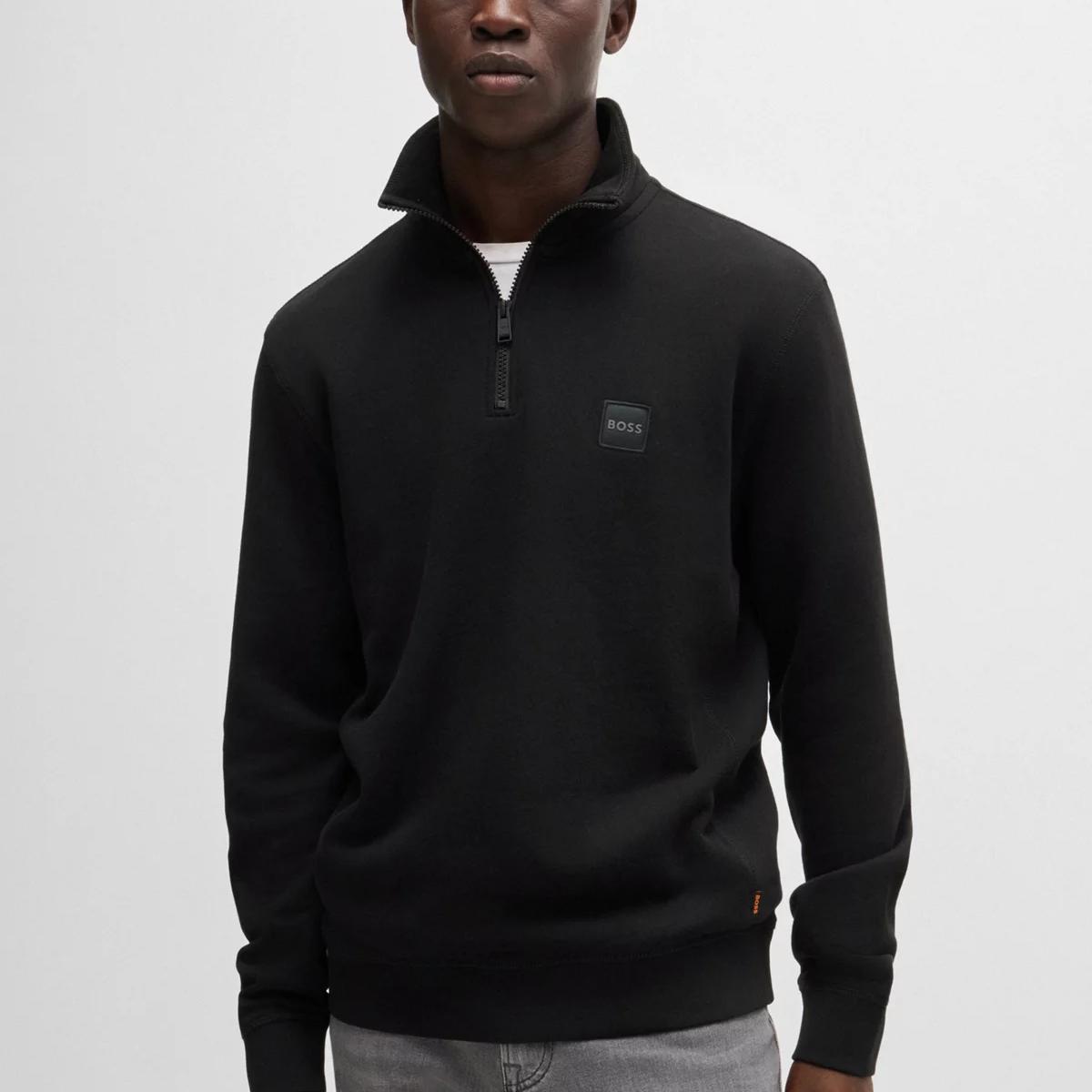 Boss- Cotton Terry Zip-Neck Sweatshirt with Logo Patch Product Image