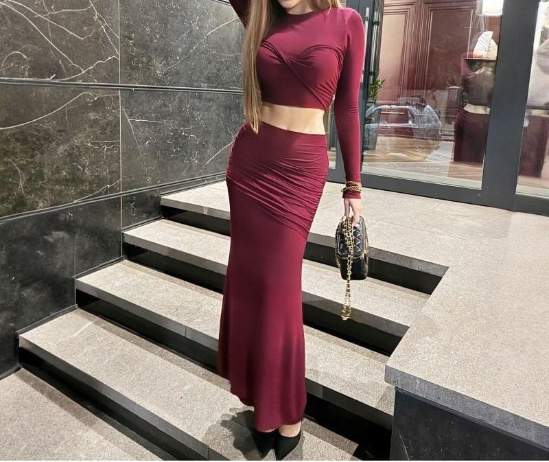 Long-Sleeve Cutout Plain Maxi Sheath Dress Product Image