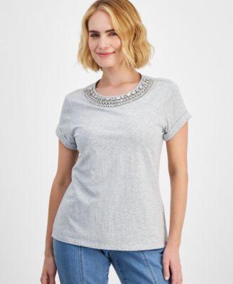 Petite Cotton Rhinestone-Neck Top, Created for Macy's Product Image