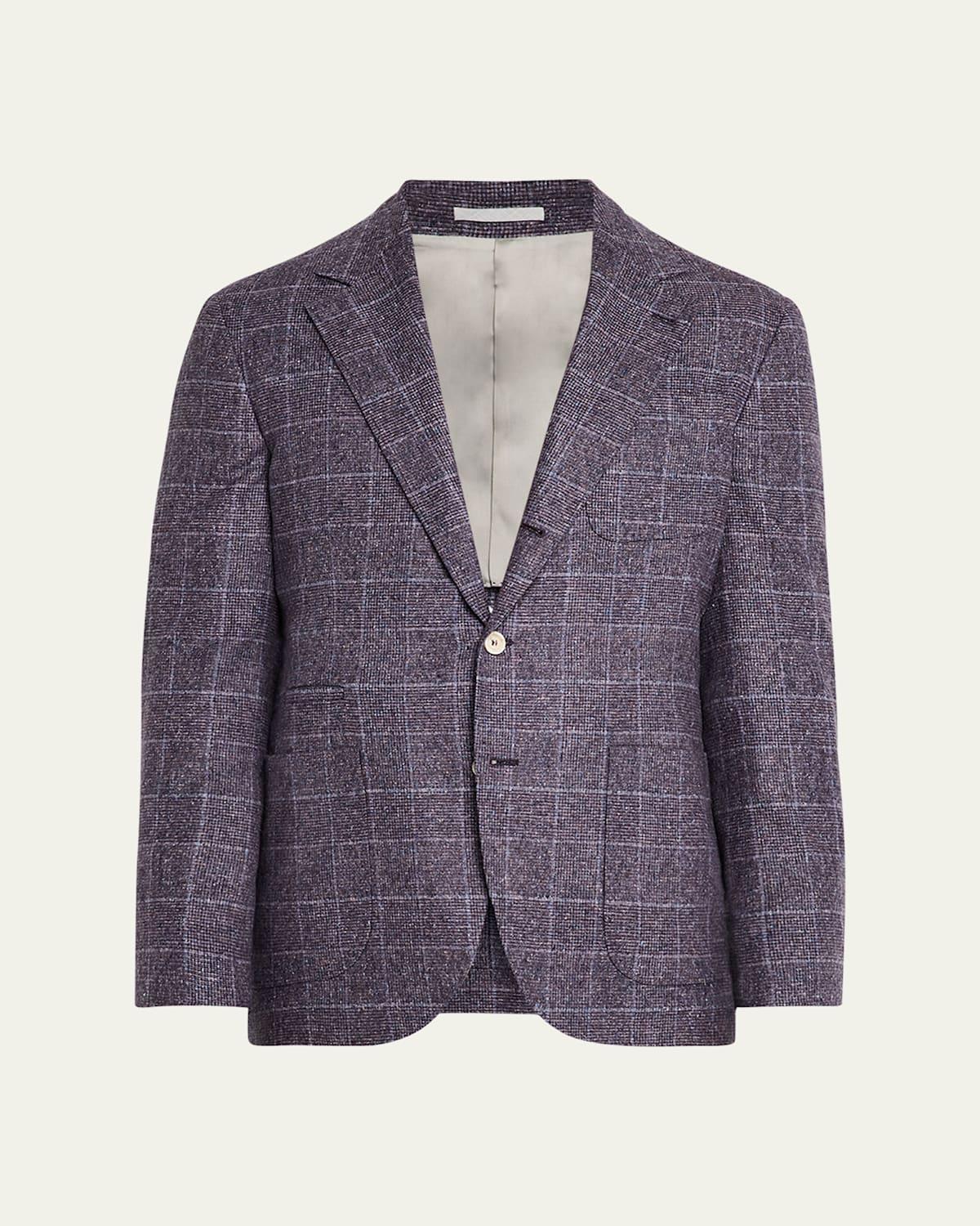 BRUNELLO CUCINELLI Check Pattern Wool-silk Blend Blazer Jacket In Iris Product Image