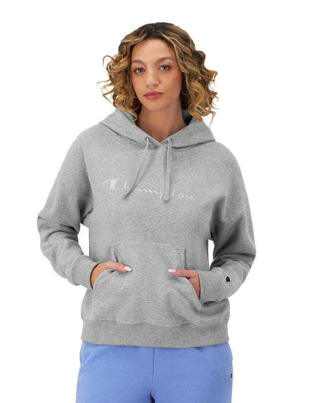 Womens Champion Powerblend Hoodie, Relaxed, Full Embroidered Script Logo Marzipan Pink L Product Image