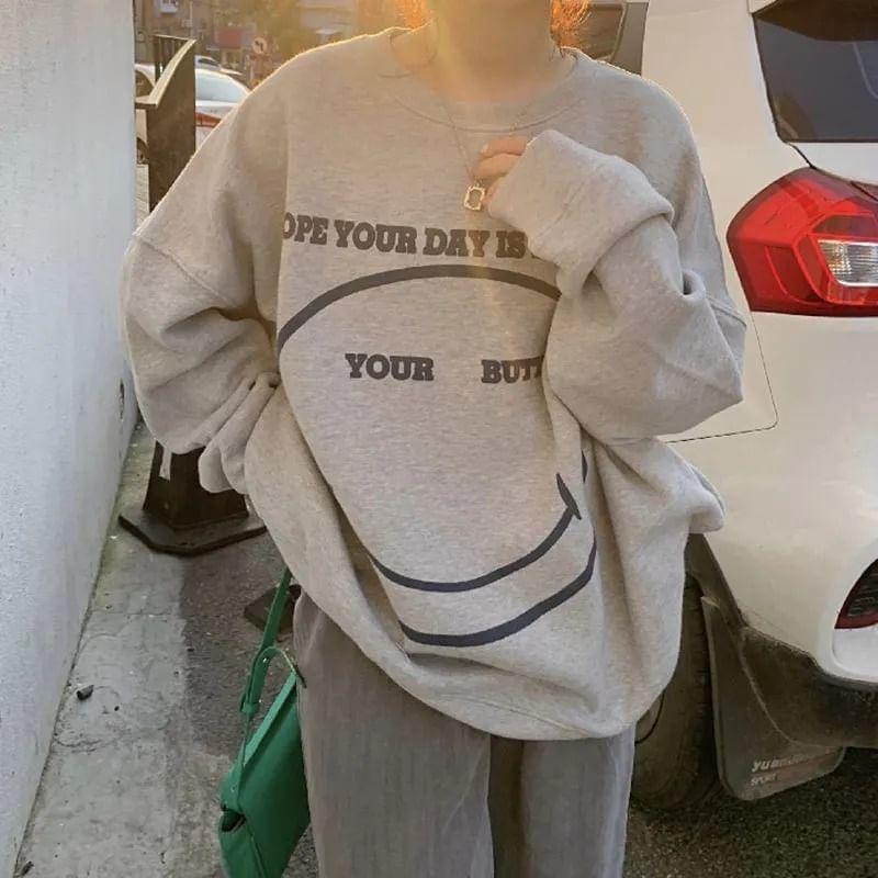 Round Neck Lettering Smiley Face Print Oversized Pullover Product Image