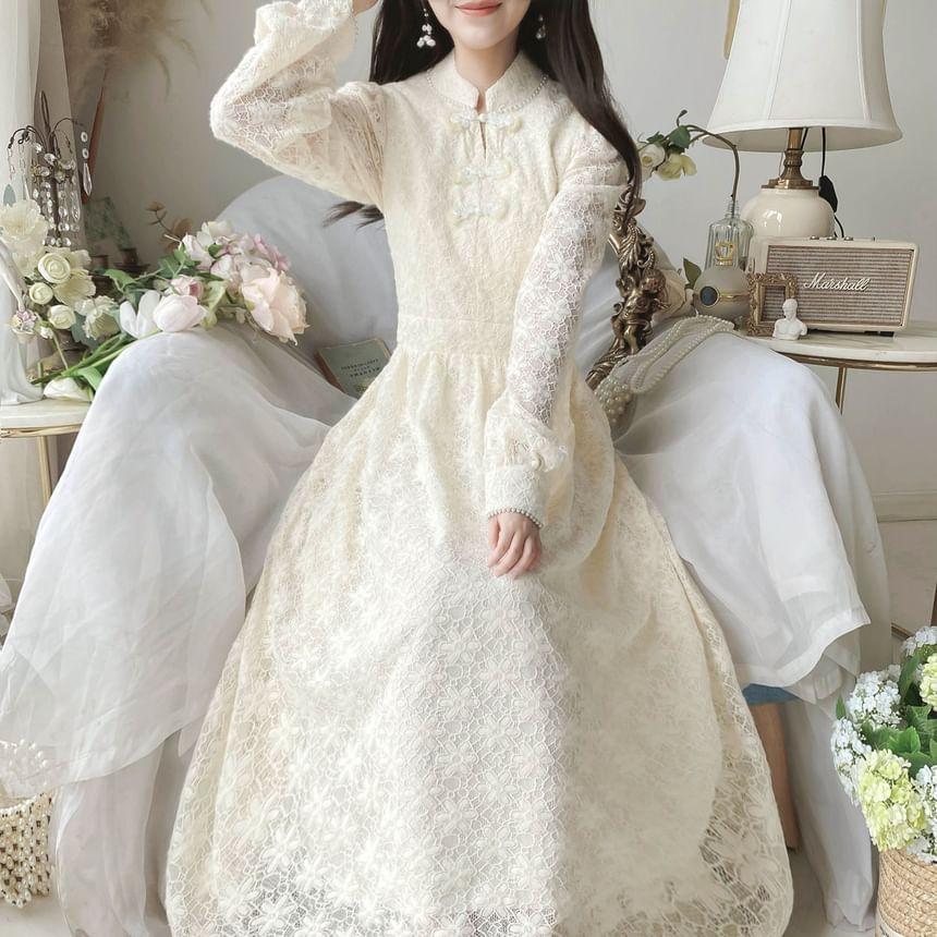 Long-Sleeve Stand Collar Faux Pearl Accent Frog Buttoned Lace Midi A-Line Dress Product Image