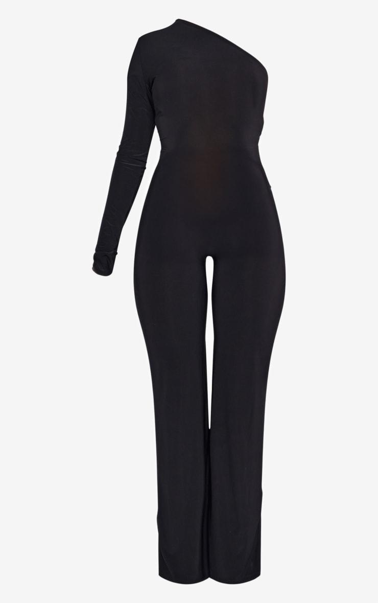 Black Slinky One Shoulder Straight Leg Jumpsuit Product Image