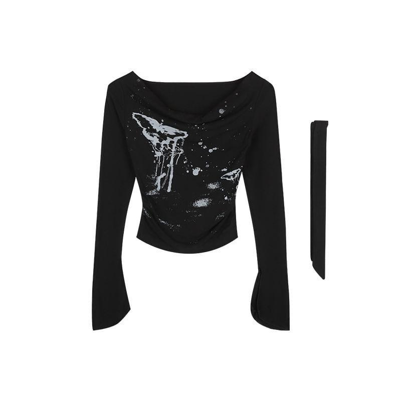 Set: Long-Sleeve Cowl Neck Graphic Print Slim Fit Tee + Scarf Product Image