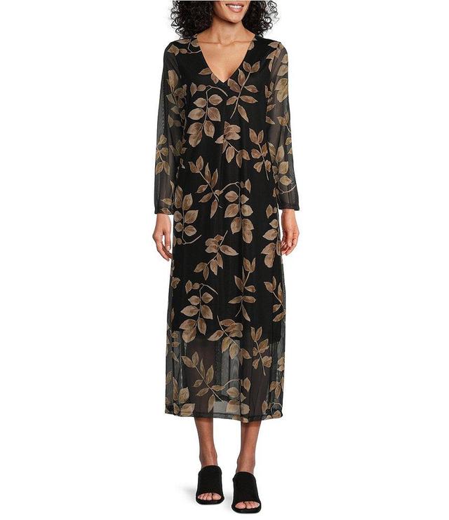 M Made in Italy Printed Mesh V-Neck Long Sleeve Midi Dress Product Image