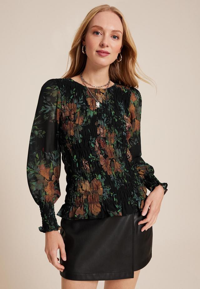 Black Floral Smocked Blouse Product Image