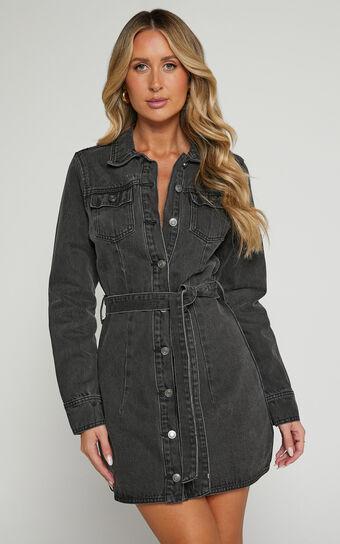 Enriquetta Mini Dress - Cotton Denim Long Sleeve Button Up Dress in Washed Black Product Image