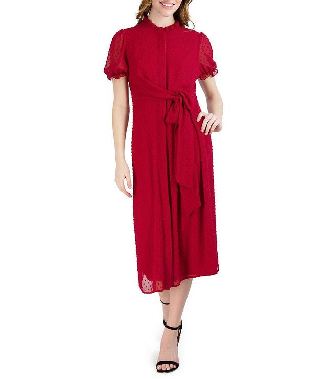 Julia Jordan Ruffled Mock Neck Short Puff Sleeve Tie Waist Midi Dress Product Image