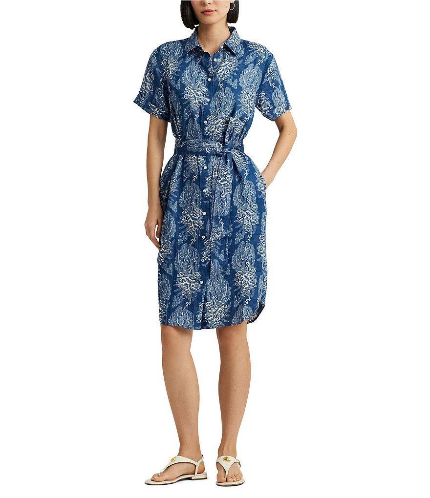 Lauren Ralph Lauren Floral Belted Point Collar Short Sleeve Side Pocket Linen Button Front Shirt Dress Product Image