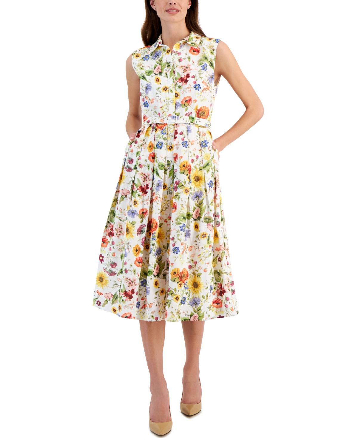 Women's Floral Printed Linen-Blend Belted Fit & Flare Midi Dress product image