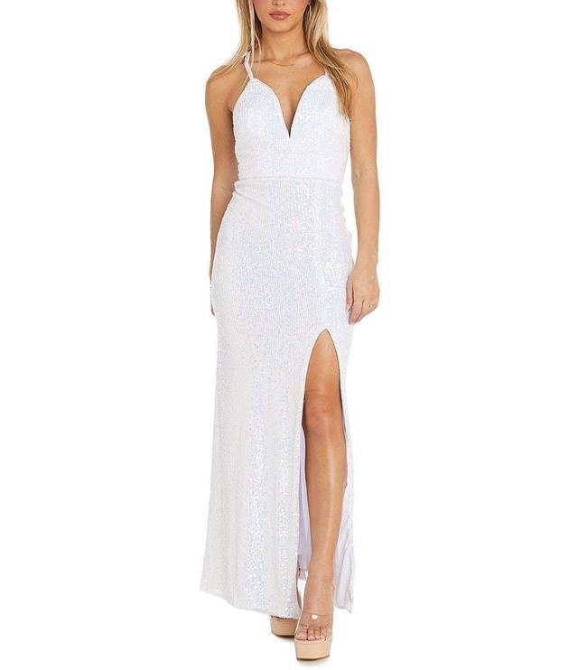 Sequin V-Neck Side Slit Long Dress Product Image