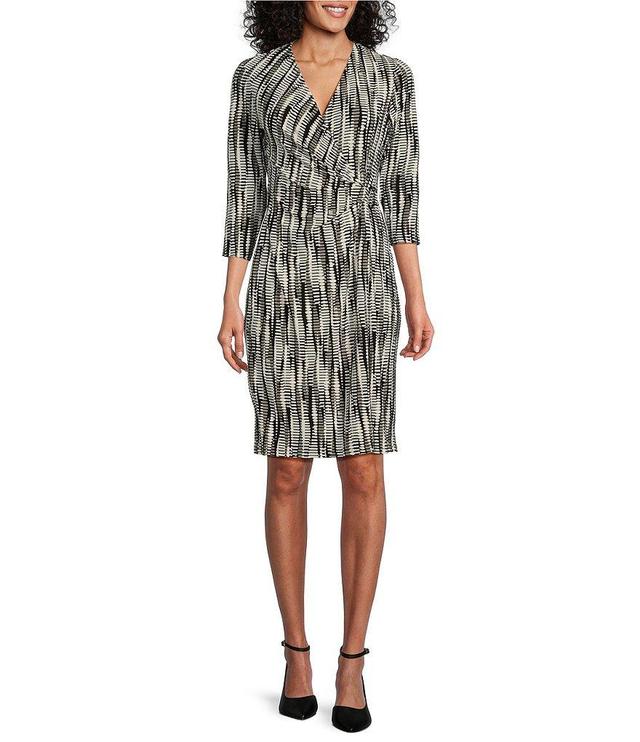 Kasper Abstract Print Surplice V Neckline 3/4 Sleeve Wrap Dress Product Image