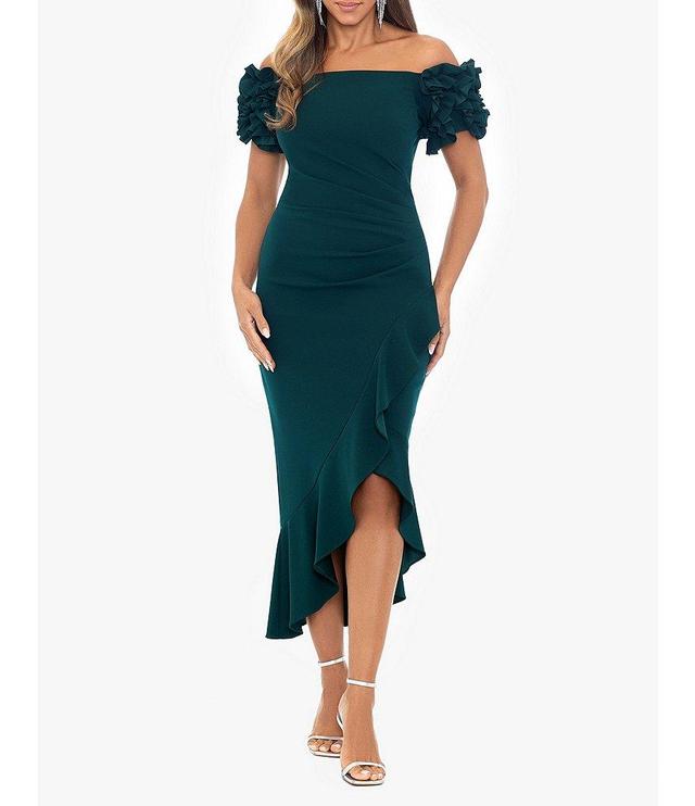 Xscape Petite Size 3D Ruffle Off-the-Shoulder Ruffle Front Ruched Detail Midi Dress Product Image