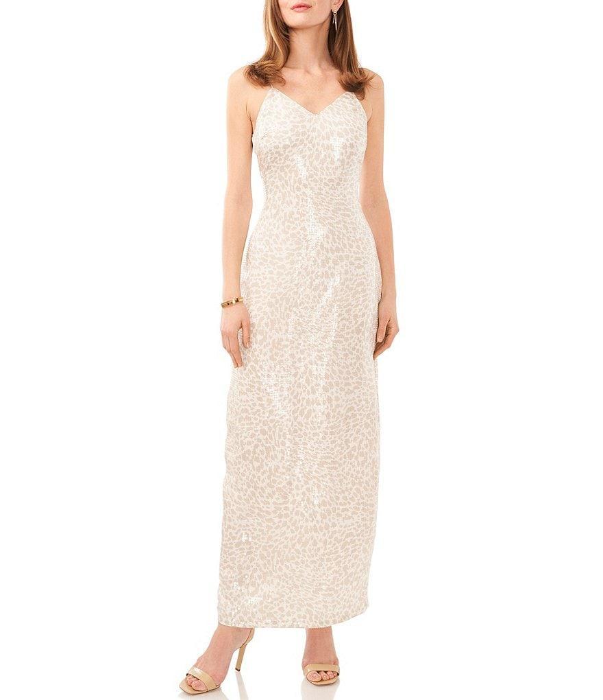 Vince Camuto Shadow Leopard Print V-Neck Sleeveless Back Slit Sequin Maxi Slip Dress Product Image