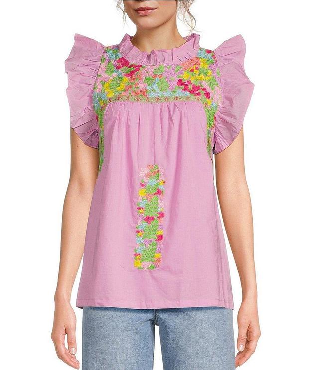 J.Marie Harlyn Embroidered Ruffled Mock Neck Cap Sleeve Top Product Image