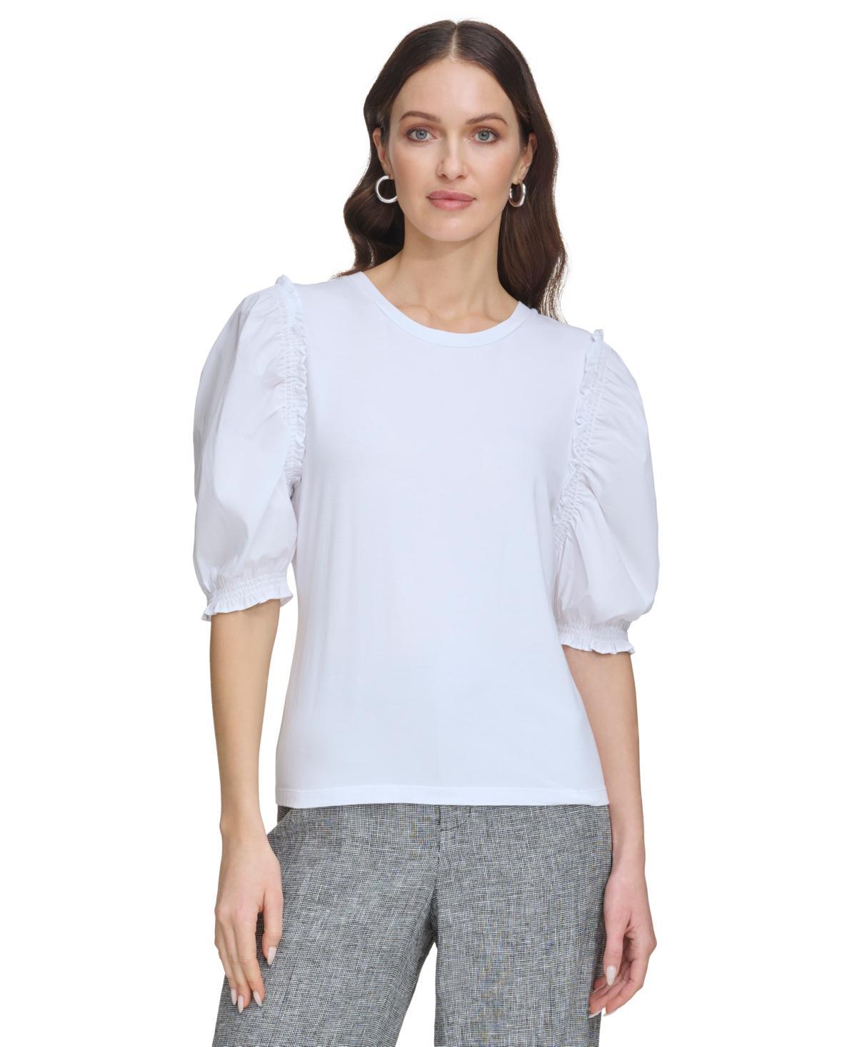 Dkny Womens Puff-Sleeve Ruffle-Detail Top white Product Image