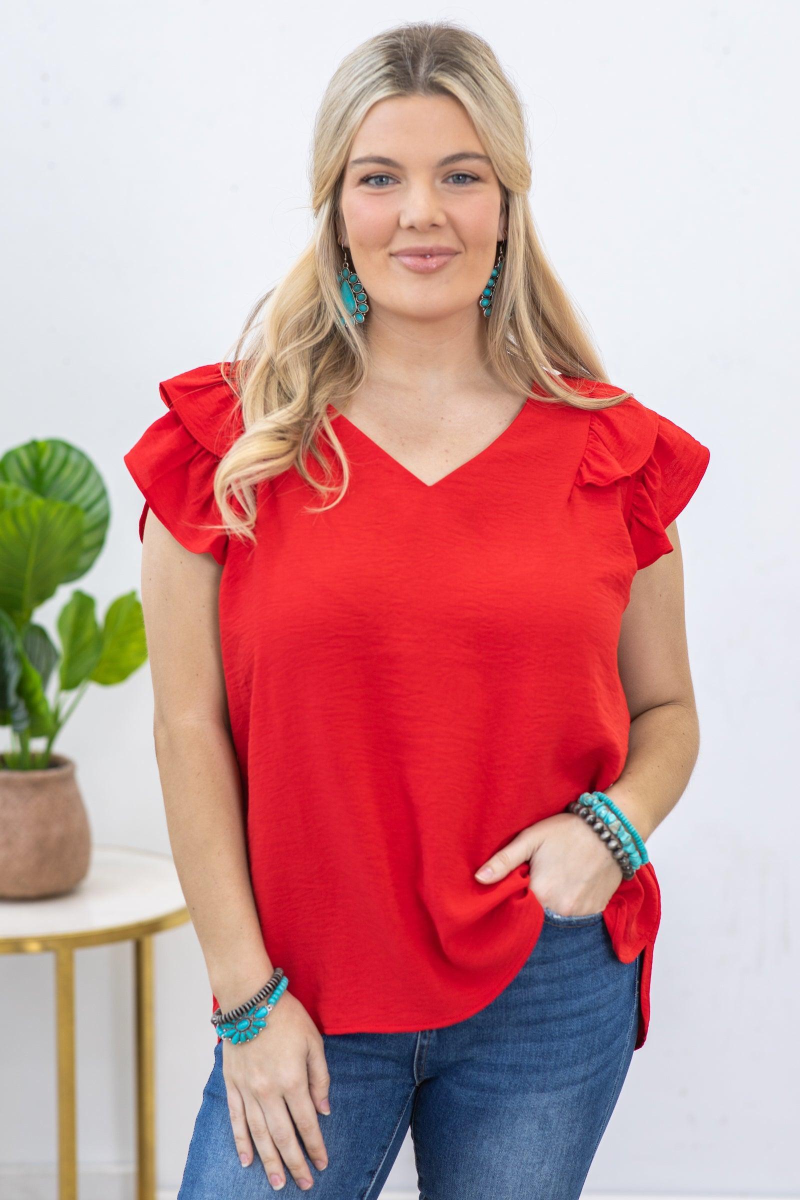 Red V-Neck Airflow Ruffle Detail Top Product Image