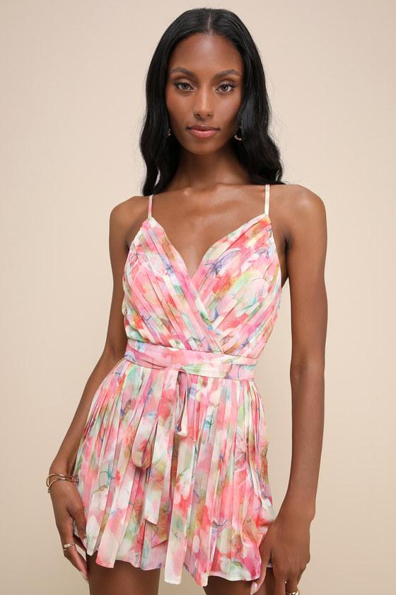 Enticingly Lovely Pink Multi Floral Pleated Backless Romper Product Image