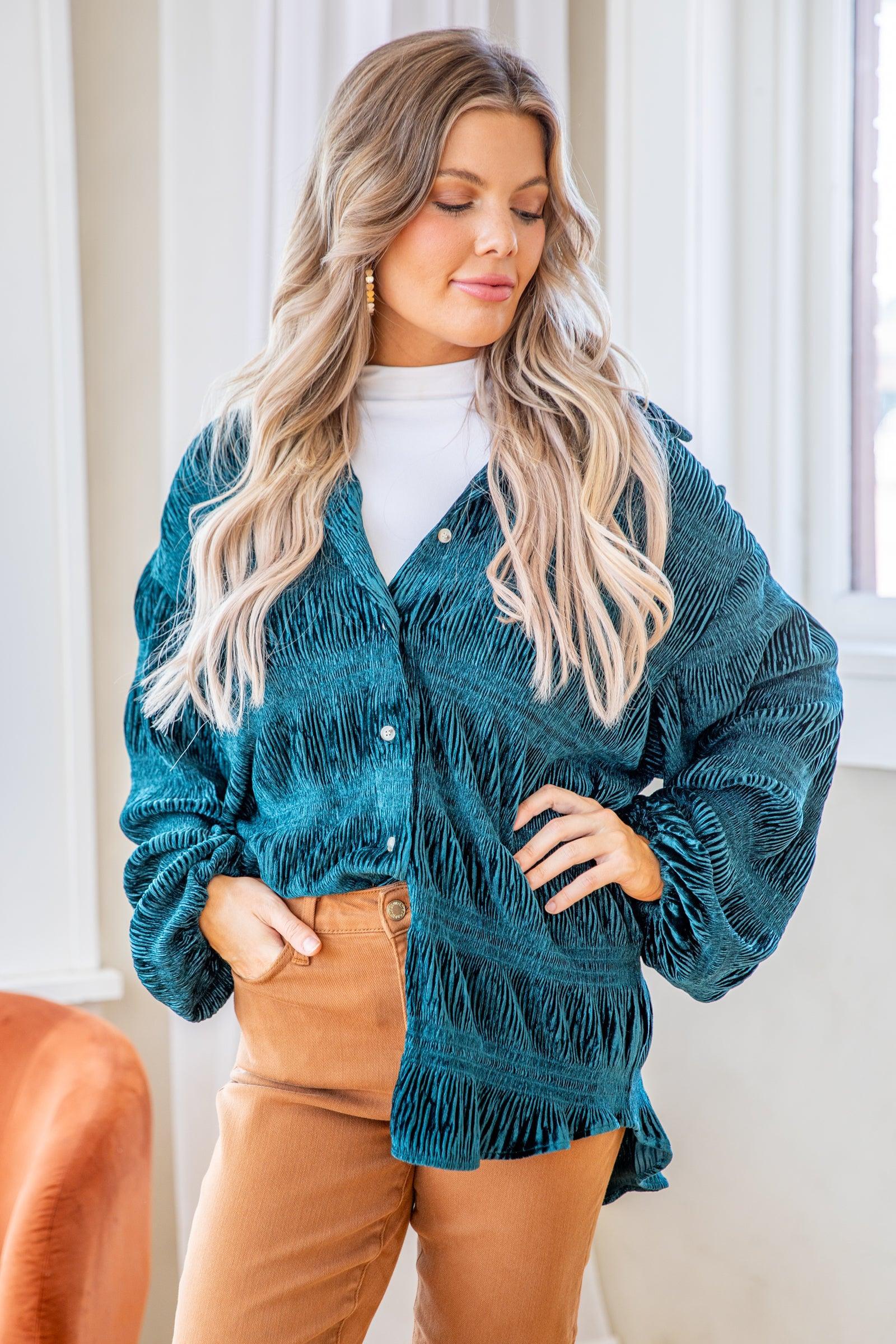 Dark Teal Velvet Button Up Top Product Image