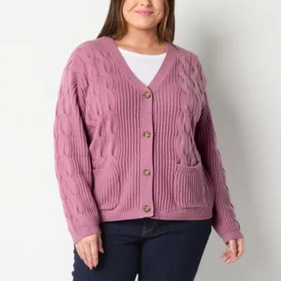 St. John's Bay Plus Womens V Neck Long Sleeve Open Front Cable Knit Cardigan product image