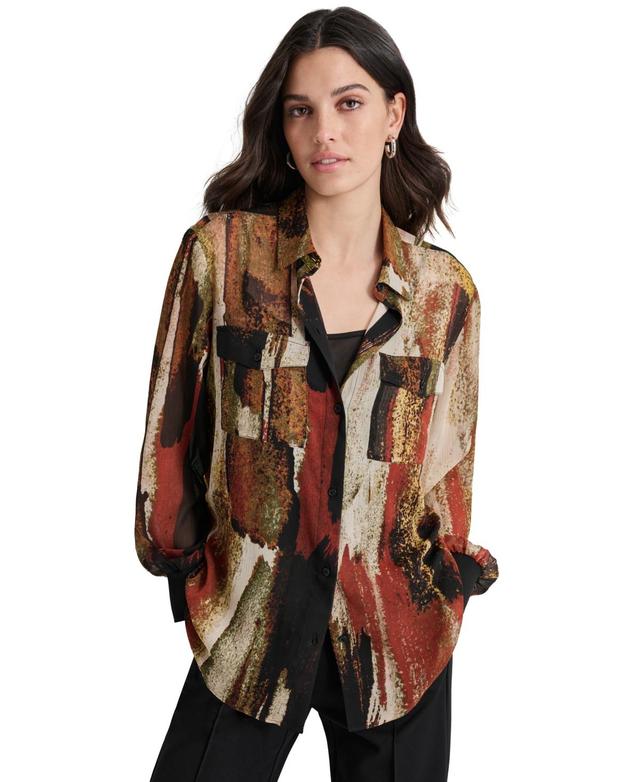 Dkny Womens Printed Button-Front Long-Sleeve Shirt Product Image