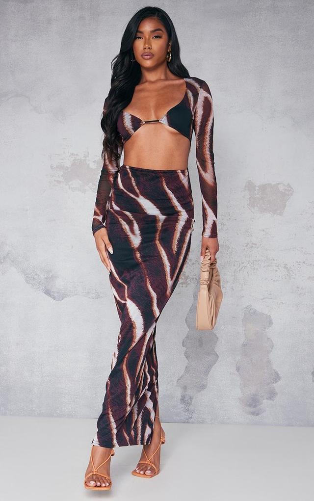  Brown Animal Print Mesh Cup Detail Long Sleeve Maxi Dress Product Image