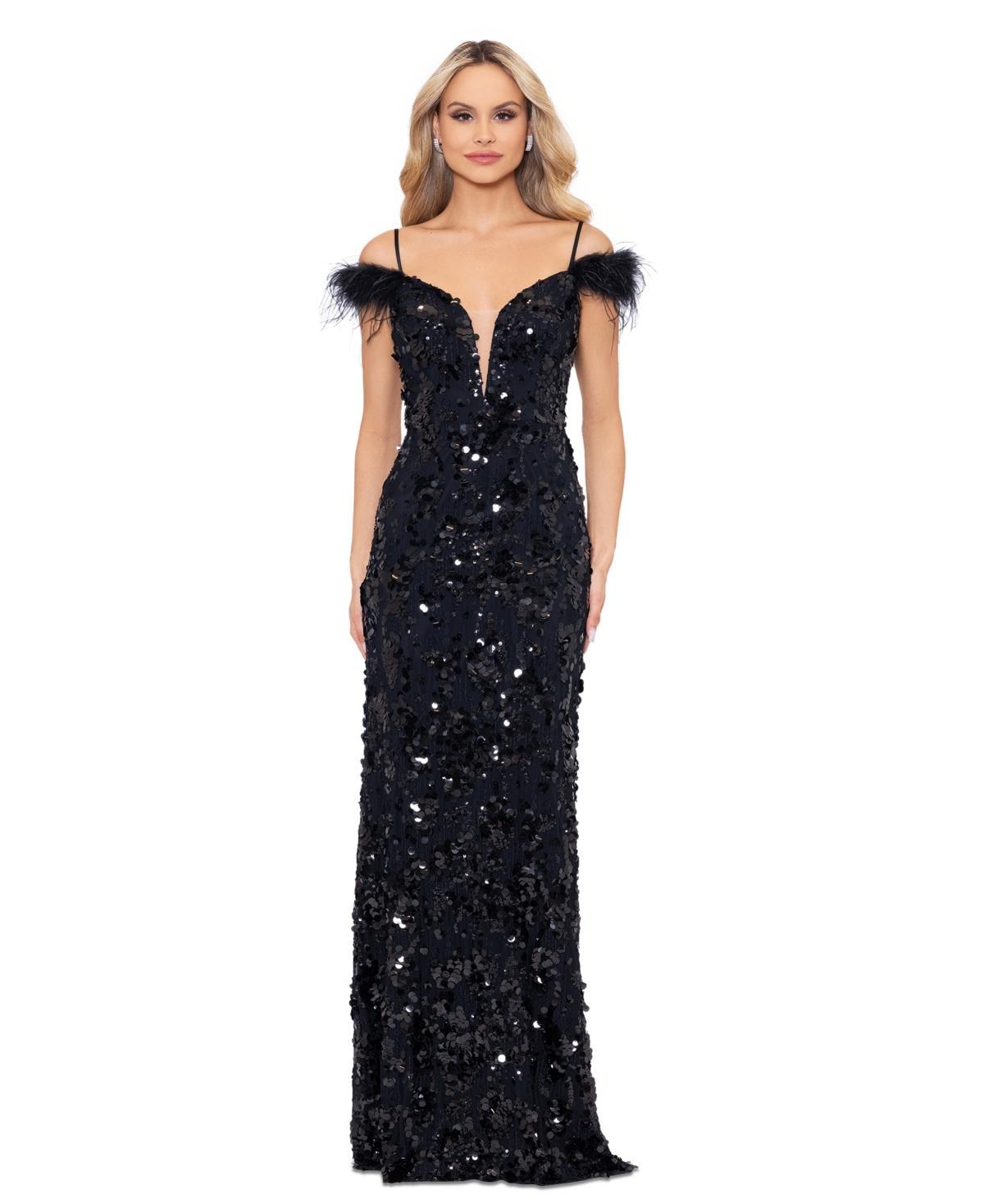 Betsy & Adam Womens Sequined Feather-Trim Gown product image