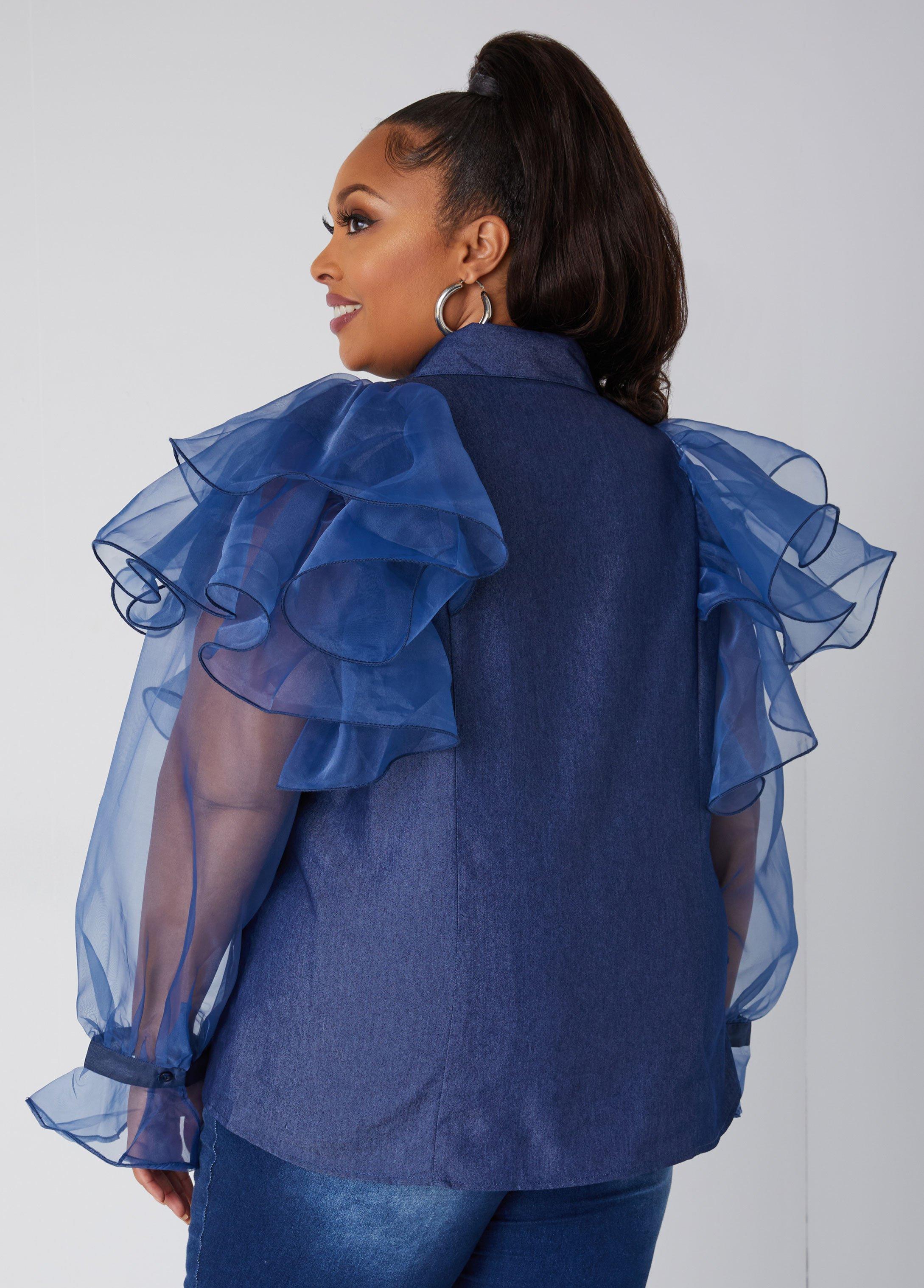 Plus Size Ruffled Organza Chambray Shirt Ashley Stewart Product Image