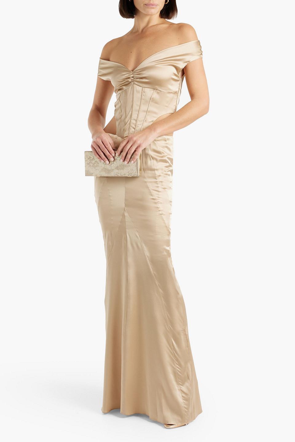 Off-the-shoulder Cutout Silk-blend Gown In Neutral Product Image