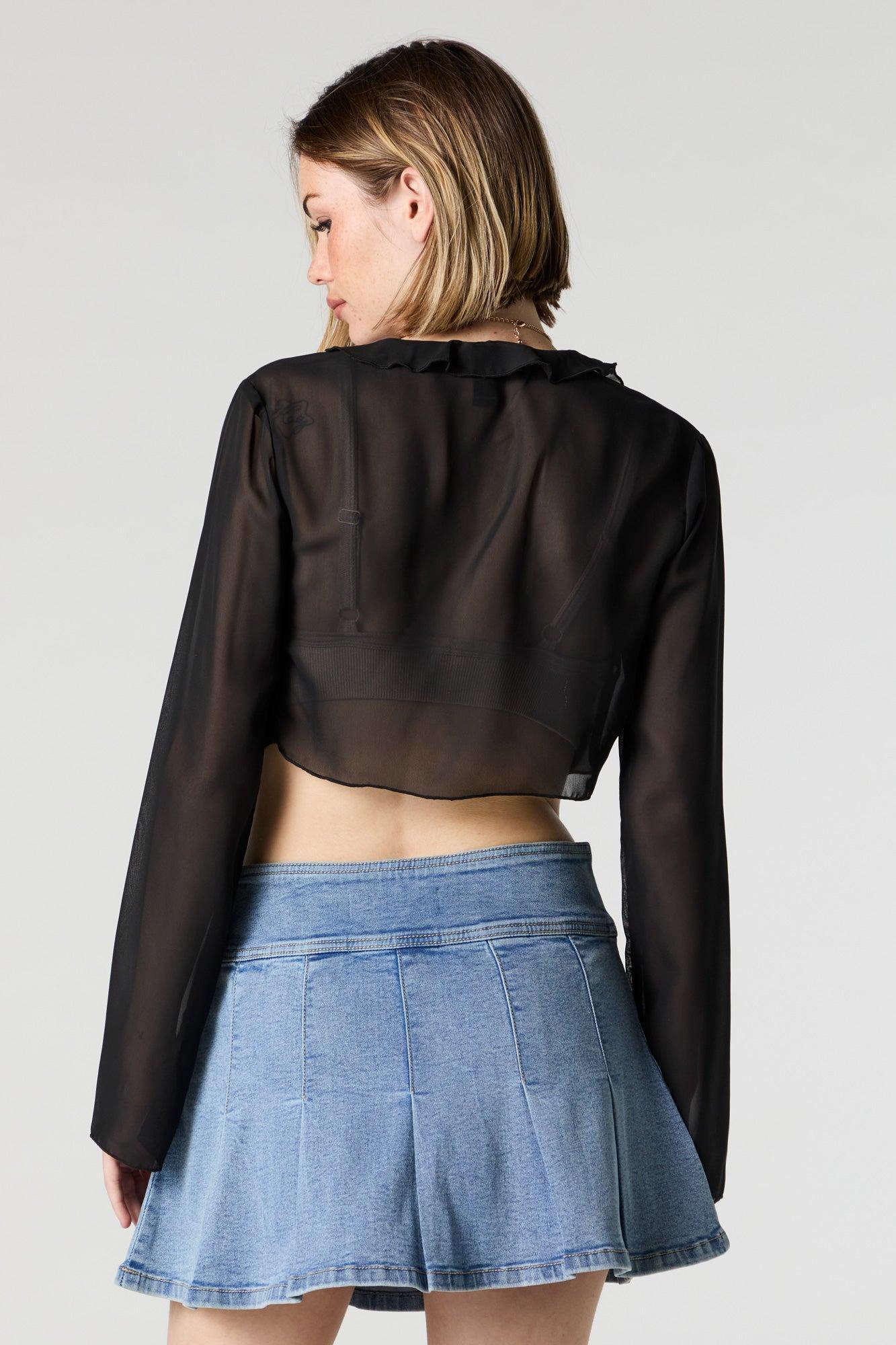 Mesh Ruffle Tie Front Long Sleeve Crop Top Female Product Image