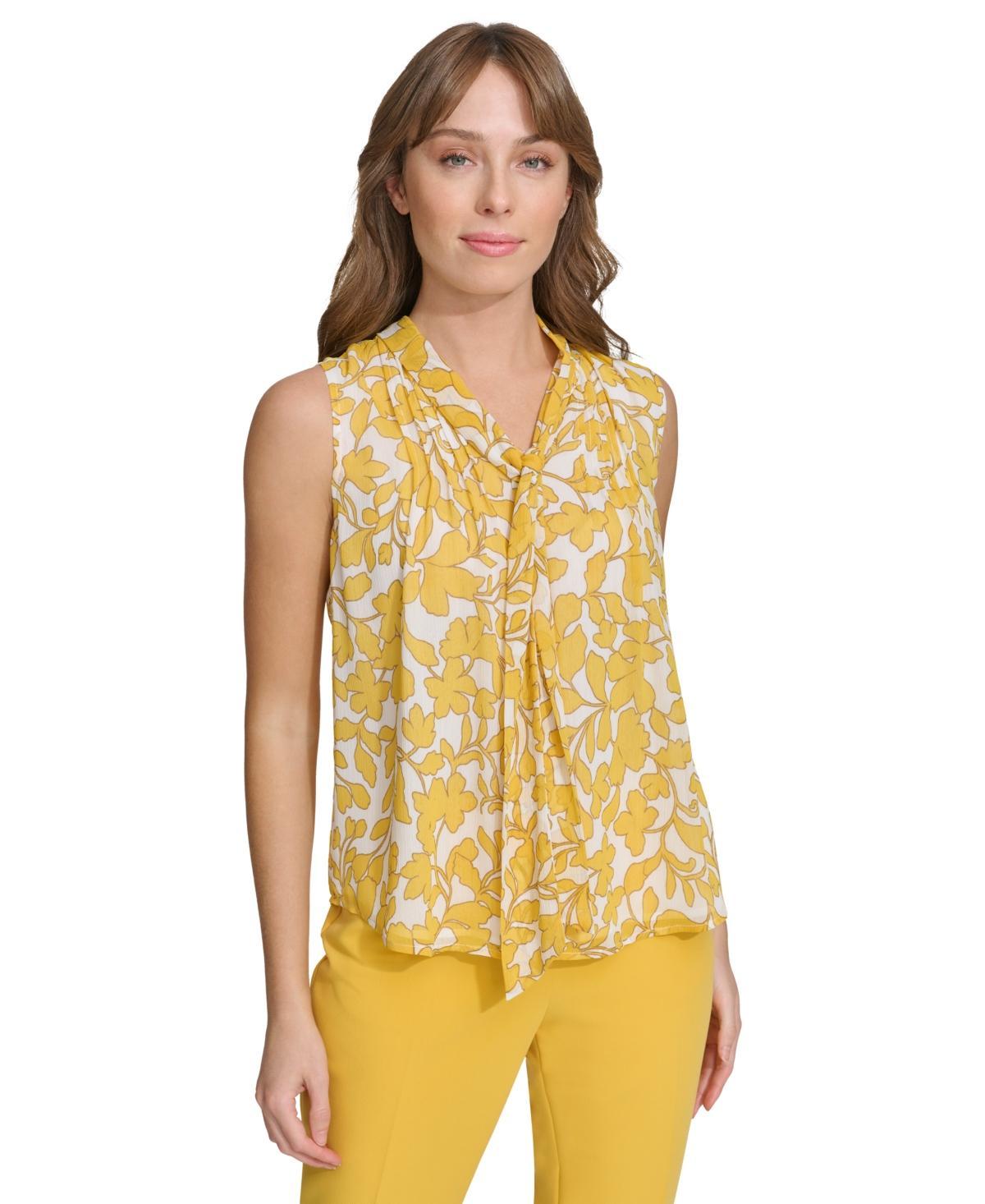 Women's Floral-Print Tie-Neck Pintuck Blouse Product Image