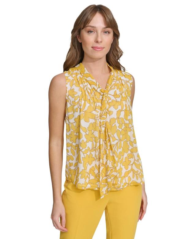 Tommy Hilfiger Womens Floral-Print Tie-Neck Pintuck Blouse - Ivy Product Image