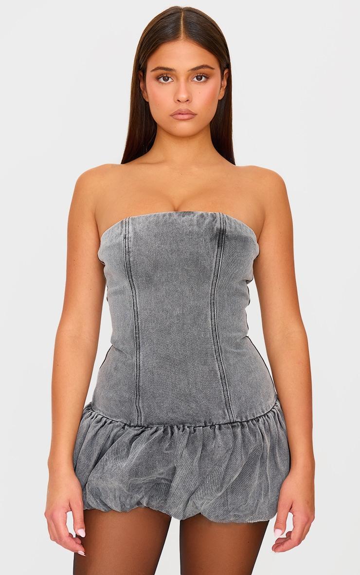 Washed Grey Denim Bandeau Puffball Mini Dress product image